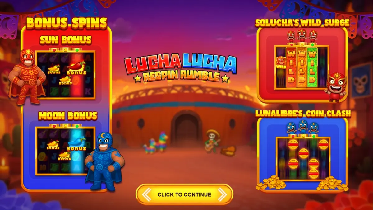 Lucha Lucha Respin Rumble slot machine interface featuring colourful Lucha Libre theme.